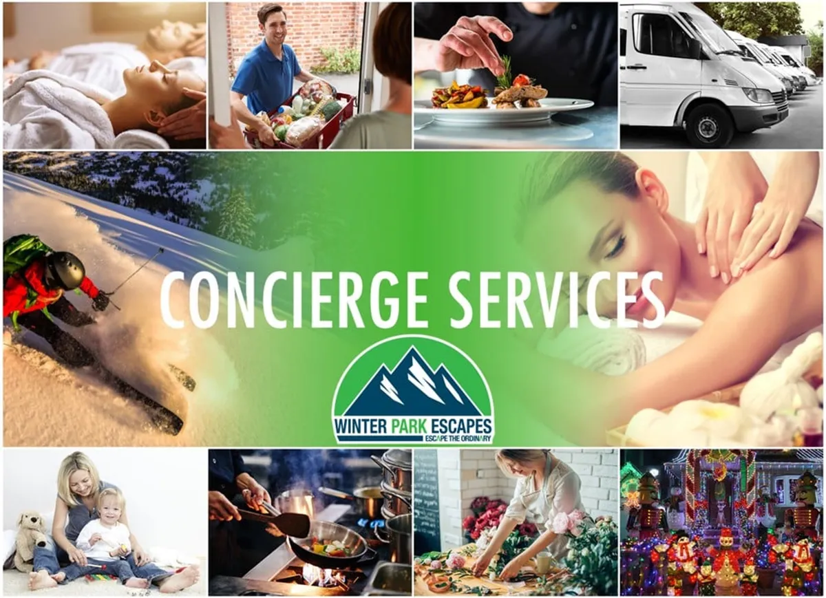 A lively, collage-like interior scene depicting a variety of resort-style amenities: concierge services, spa treatments, family activities, and festive gatherings, all within a welcoming, luxurious environment.
