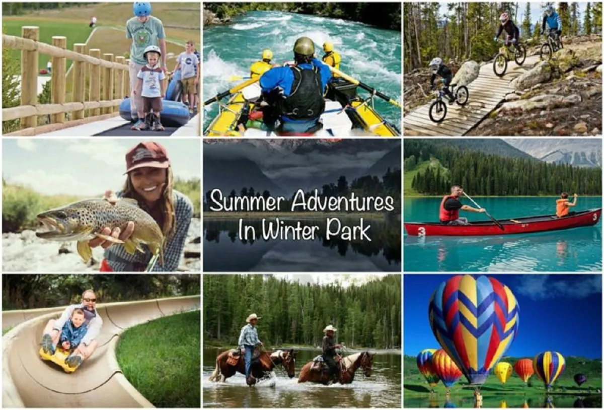 A vibrant exterior scene showing children and families enjoying a variety of outdoor adventures, including snow tubing, white-water rafting, mountain biking, fishing, horseback riding, kayaking, and even hot air balloon rides, all set against a scenic mountain backdrop.