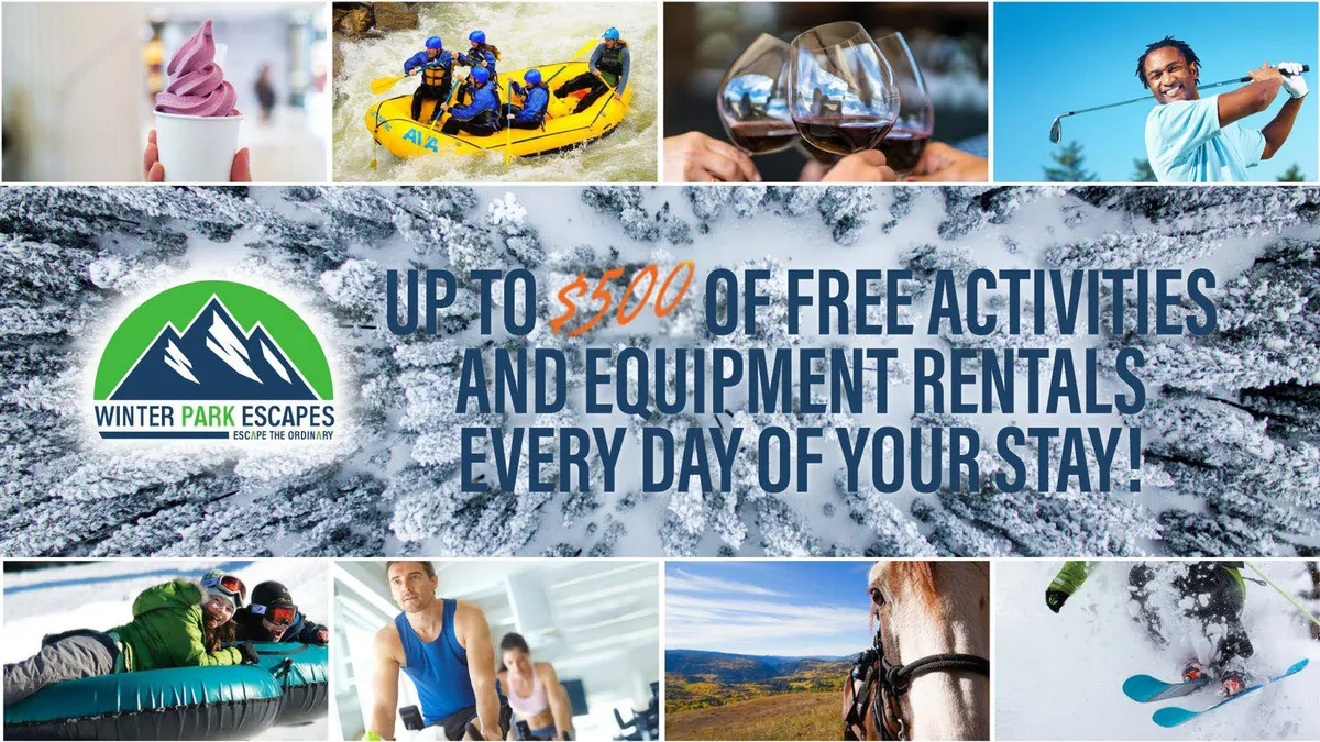 A dynamic exterior collage featuring guests engaged in a variety of outdoor activities, including white-water rafting, skiing, snowboarding, horseback riding, and enjoying food and drinks. The backdrop includes scenic mountain views and groups relaxing after a day of adventure.